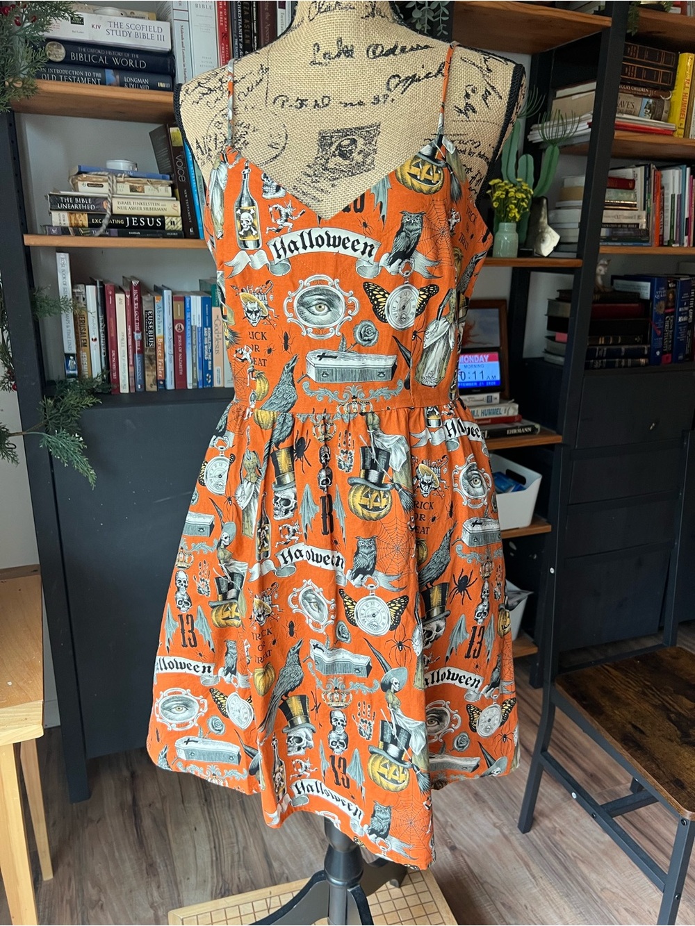 Halloween Print Spaghetti-Strap Mini Dress - Orange